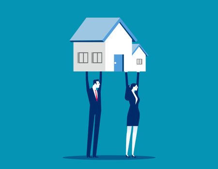 Business team with housing development. Business real estate vector flat styleのイラスト素材