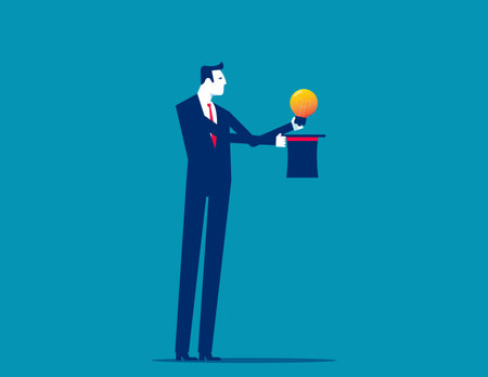 Business magician pulling a light bulb out of his hat. Business extraordinary magic trick vector flat styleのイラスト素材