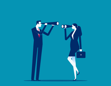 Two business person looking at each other with binoculars. Business observed vector flat styleのイラスト素材