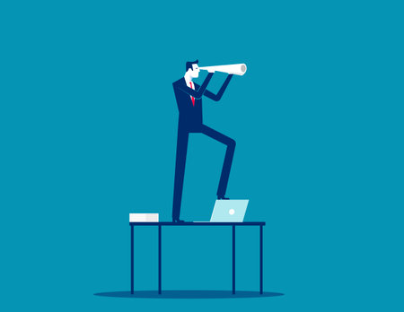 The businessman stands on the table and looks away with the rolled up paper. Business vector conceptのイラスト素材