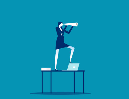 The businesswoman stands on the table and looks away with the rolled up paper. Business vector conceptのイラスト素材