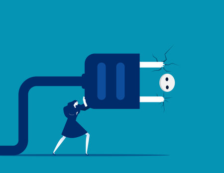 Woman trying to push giant plug into wall. Business vector conceptのイラスト素材