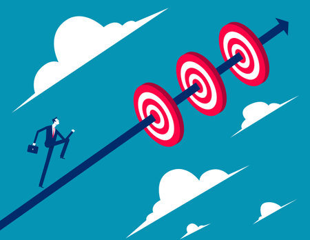 Traders running on arrows and hitting three bullseyes. Success and challengesのイラスト素材
