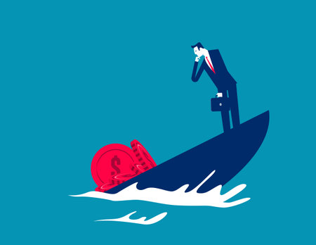 Hapless businessman watching overweight coin cause a ship to tilt and sink, Shipwrecksのイラスト素材