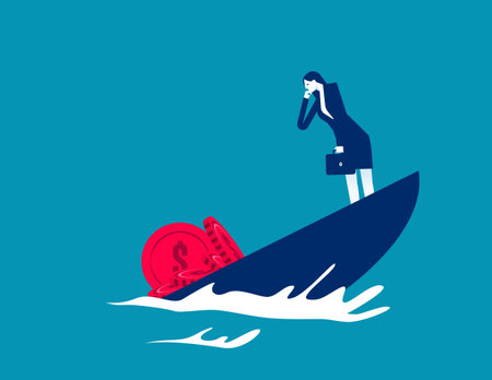 Hapless businesswoman watching overweight coin cause a ship to tilt and sink, Shipwrecksのイラスト素材