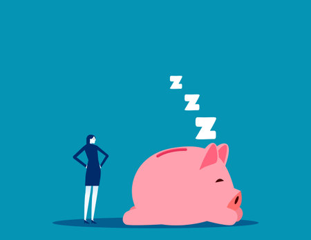 Businesswoman looking to the sleeping piggy banks, Negative financial markets, negative business investment marketsのイラスト素材