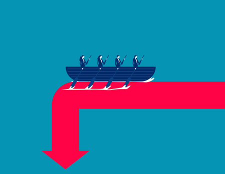 Team members rowing on the edge of a waterfall, Conquering adversity by swimming upstreamのイラスト素材