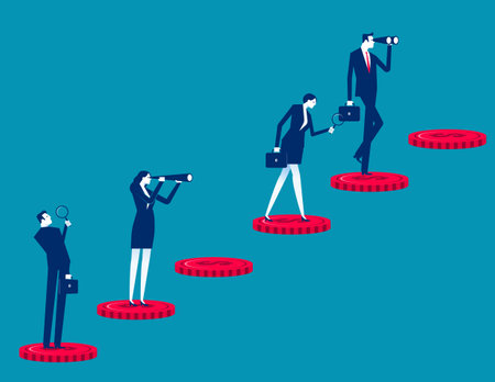 Teams and Members Moving Up on the Steps to Gold Coins, Business Operation and Marketing Promotionのイラスト素材