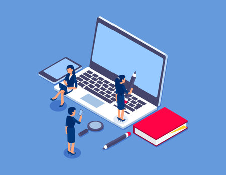 Online education concept banner with characters.  Flat isometric vector illustrationのイラスト素材