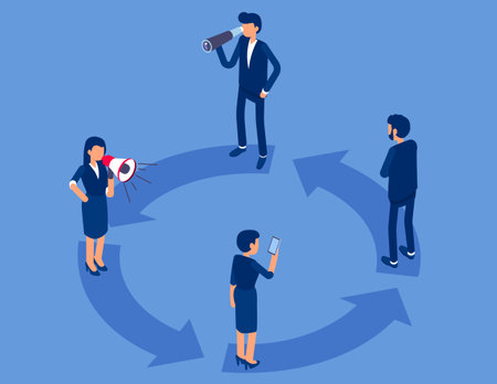 People standing on four arrows, forming a circle isometric stock illustrationのイラスト素材