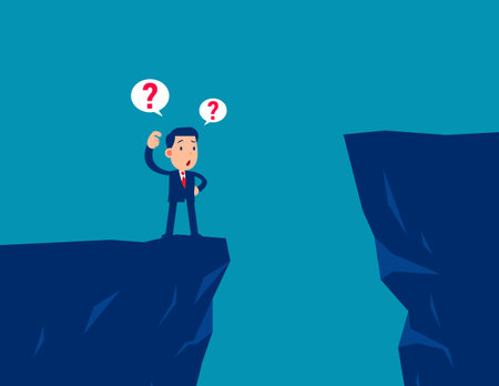 Confusion. Businessman standing on the edge of ravine thinking before making a decisionのイラスト素材