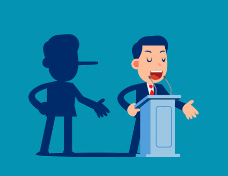Lying. Politician on a podium giving speech with his long nose shadowsのイラスト素材