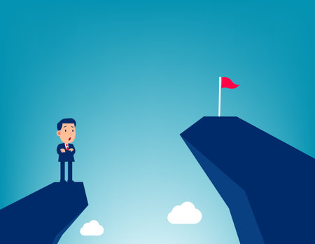 Future. Man on a mountain peak looking at the flag on another peak&#xD;&#xA;のイラスト素材