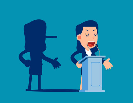 Lying. Politician on a podium giving speech with his long nose shadowsのイラスト素材