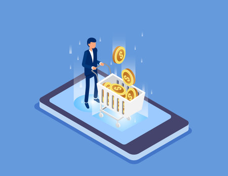 Investment, businessman pushing cart standing on mobile phone to harvest gold coins. Flat isometric vector conceptのイラスト素材