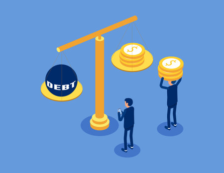 Weighing, balance, debt statistics. Flat isometric vector conceptのイラスト素材