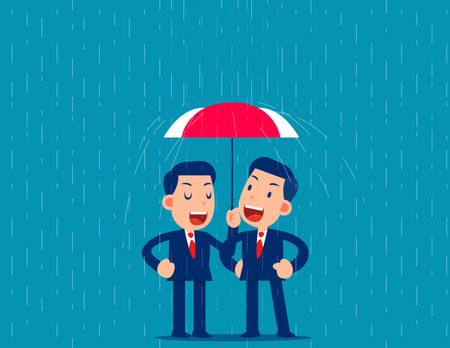 Assistance. Leader cover from rain with partner show helpのイラスト素材