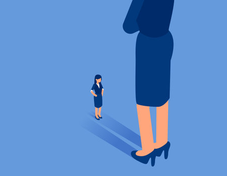 Face to face, small businessmen stand at the feet of giants . Flat isometric vector conceptのイラスト素材