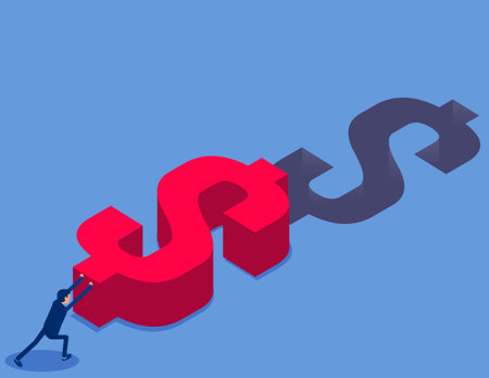 Making money business concept, businessman pushing huge dollar sign to fill the pit . Flat isometric vector conceptのイラスト素材