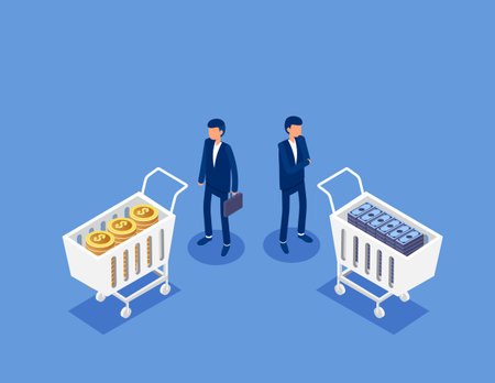 Business team in the financial market calculates the property of his shopping cart and decides to buy or sell. Flat isometric vector conceptのイラスト素材
