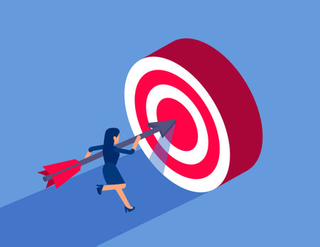 Businesswoman holding an arrow rushing towards. Flat isometric vector conceptのイラスト素材