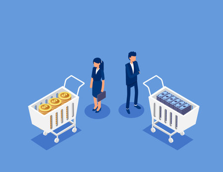 Business team in the financial market calculates the property of his shopping cart and decides to buy or sell. Flat isometric vector conceptのイラスト素材