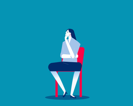 Thinking. Woman sitting on chair looks pensive and reflectiveのイラスト素材