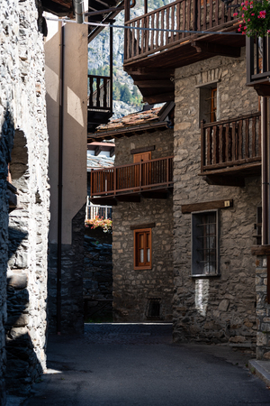 old buildings in a small village with balconies on different levels, Tour de Mont Blancの写真素材