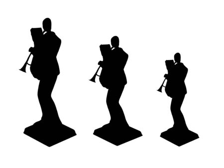 Three statues of trumpet players on isolated white backgroundの写真素材