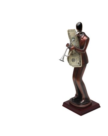 Statue of trumpet player with money on isolated whiteの写真素材