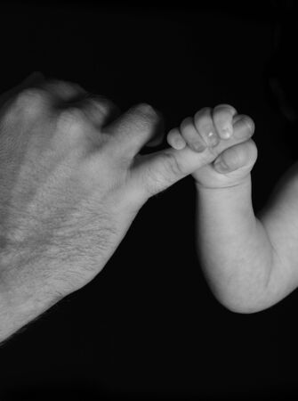 Child's hand holding adult's finger, studio shot
