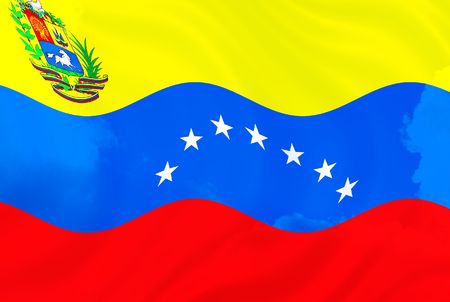Illustration of Venezuela over sky, flag waving in the windの写真素材