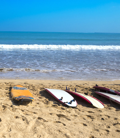 Surf Boards on Tropical Sand Beach, Jimbaran, Bali, Indonesia.の写真素材