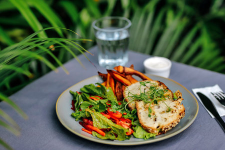 Outdoors shot of sweet potato and salad on the tableの写真素材