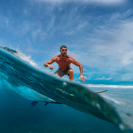 Male surfer on a blue wave at Bali islandの写真素材