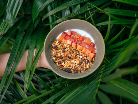 View from above at papaya muesli.の写真素材