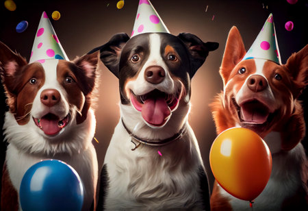 Collage of dogs wearing party hat at party, Generative AIの素材