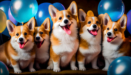 Collage of dogs wearing party hat at party, Generative AIの素材