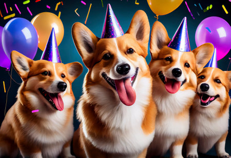 Collage of dogs wearing party hat at party, Generative AIの素材