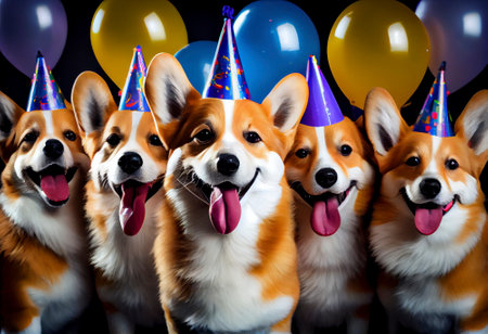 Collage of dogs wearing party hat at party, Generative AIの素材
