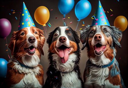 Collage of dogs wearing party hat at party, Generative AIの素材