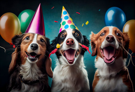 Collage of dogs wearing party hat at party, Generative AIの素材