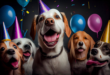 Collage of dogs wearing party hat at party, Generative AIの素材