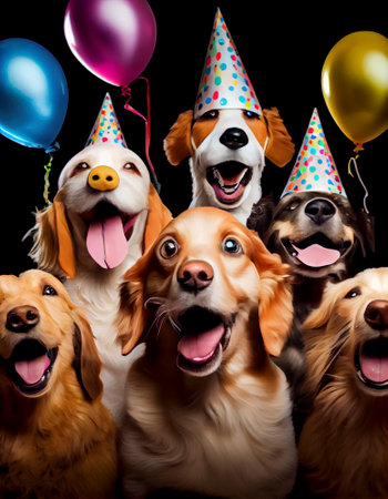 Collage of dogs wearing party hat at party, Generative AIの素材