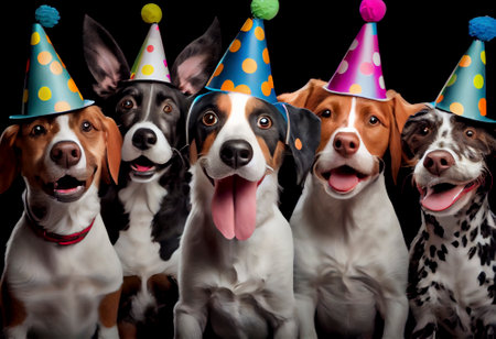 Collage of dogs wearing party hat at party, Generative AIの素材