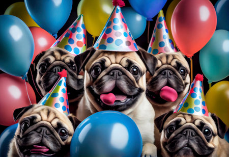 Collage of dogs wearing party hat at party, Generative AIの素材