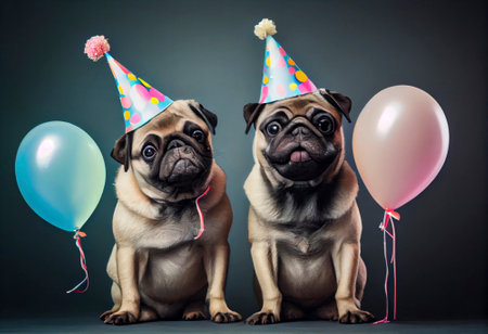 Collage of dogs wearing party hat at party, Generative AIの素材
