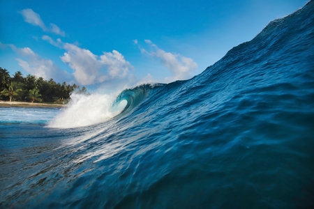 Powerful ocean wave curling under sky, palm silhouettes on horizon, translucent turquoise barrel breakingの写真素材