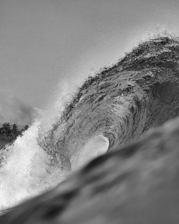 CloseUp Ocean Wave Power BlackAndWhite, Dramatic Curling Barrel Captured In HighContrast Tones, Texturedの写真素材