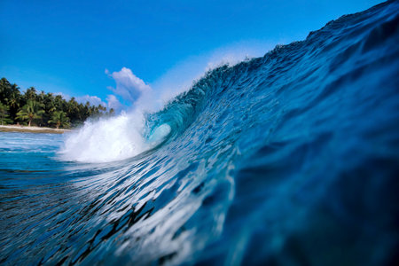 Powerful ocean wave curling under sky, palm silhouettes on horizon, translucent turquoise barrel breakingの写真素材